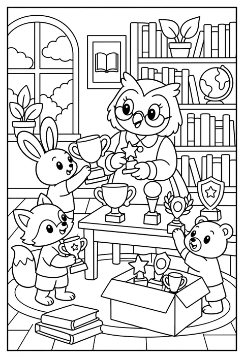 A librarian sorting trophies coloring page