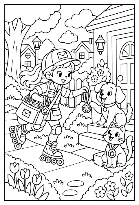 A mail carrier on rollerblades delivering medals coloring page