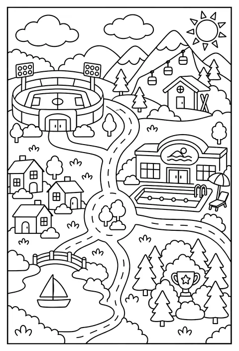 A map of Sports Town with a stadium, a pool, a ski hill and a hidden trophy coloring page