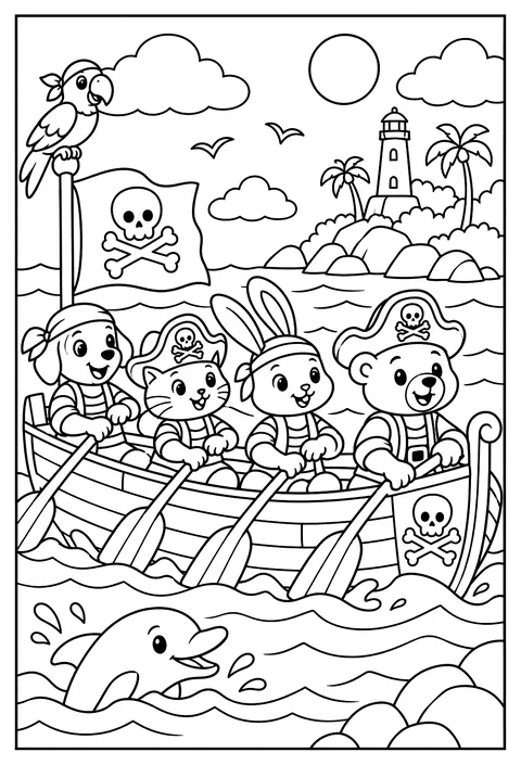 A pirate ship rowing team coloring page