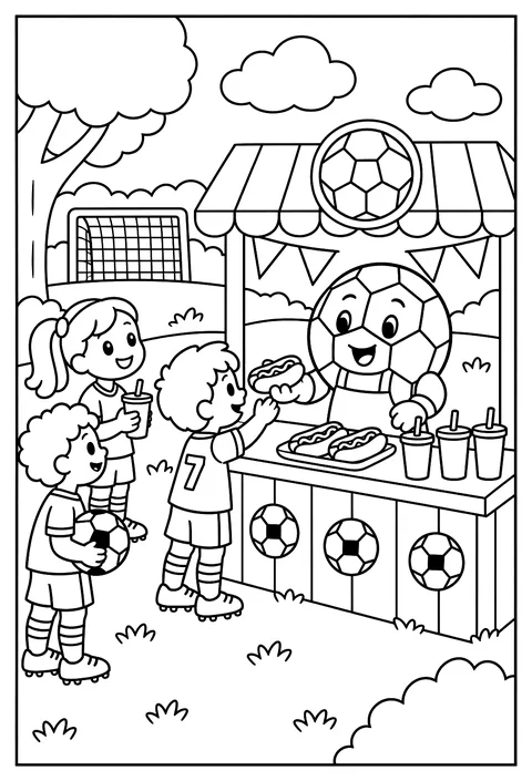 A soccer ball running a snack stand at halftime coloring page