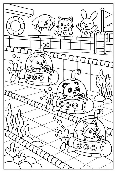A submarine race in a swimming pool coloring page