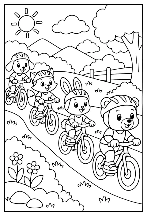 A train of athletes on bikes coloring page