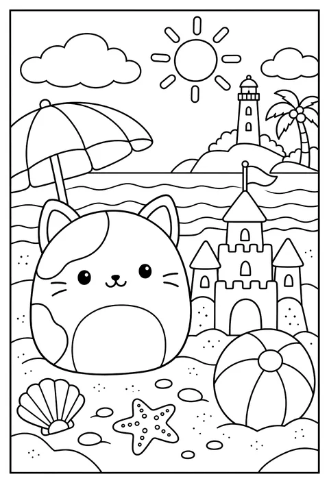 A Squishmallow at the beach next to a sandcastle and a beach ball coloring page