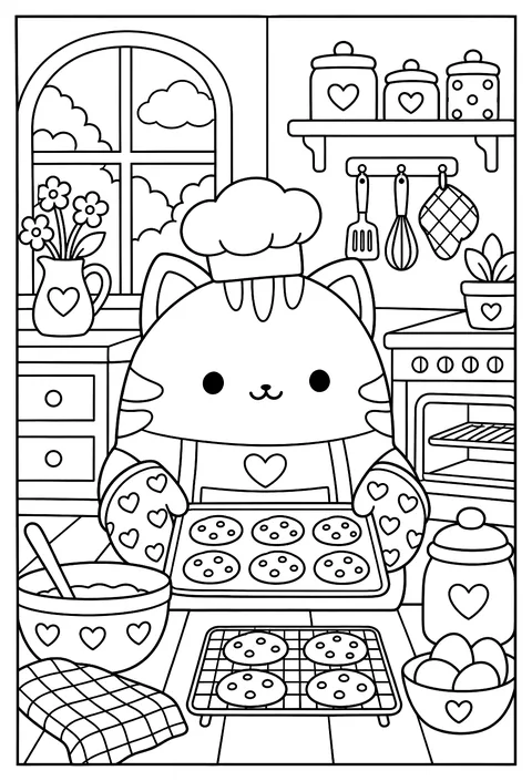 A Squishmallow baking cookies with an oven mitt and a baking tray coloring page