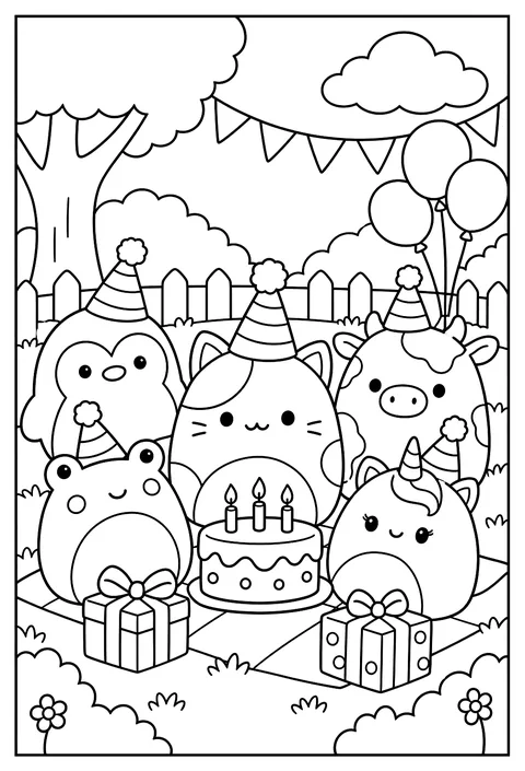 A Squishmallow birthday party with a small round cake and candles coloring page