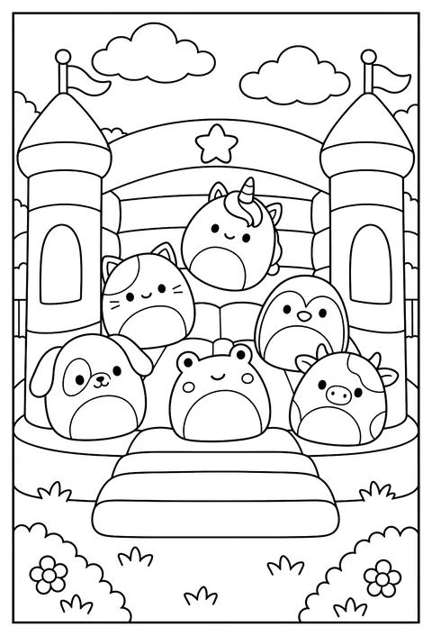 A bounce house full of round Squishmallow shapes coloring page