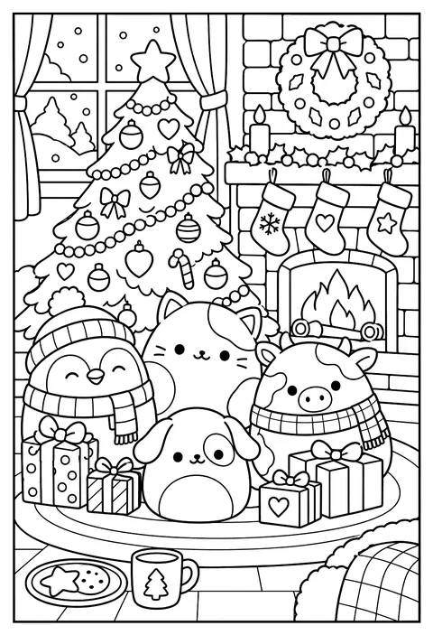 A Squishmallow Christmas scene by a decorated tree with stockings coloring page