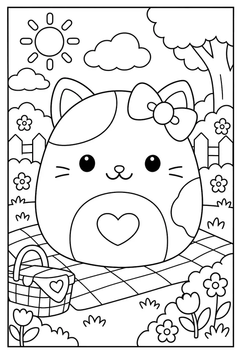 A close-up portrait of a round Squishmallow face with big dot eyes coloring page