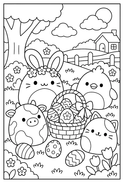 An Easter Squishmallow scene with a basket of decorated eggs coloring page