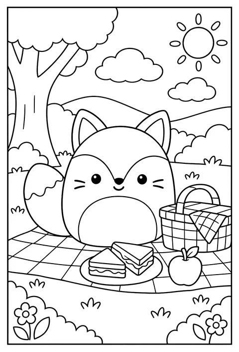 Fifi the Fox Squishmallow having a picnic with a basket and sandwiches coloring page