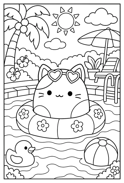 A Squishmallow floating on an inflatable pool ring coloring page