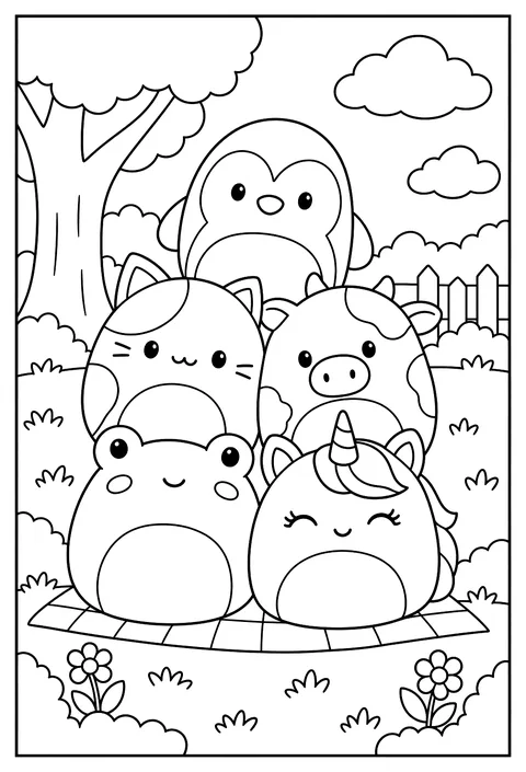 A group pose of five different Squishmallows stacked in a pile coloring page