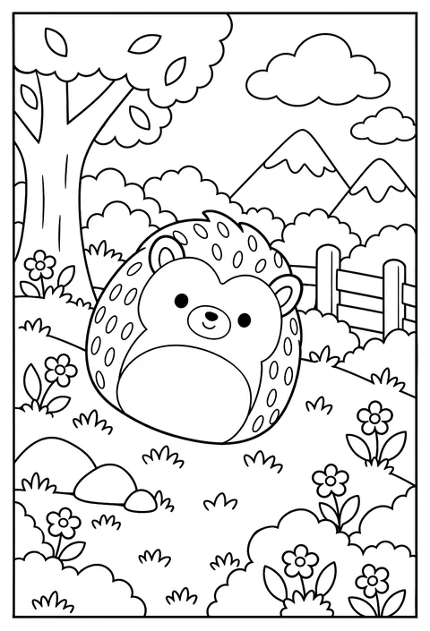 Hans the Hedgehog Squishmallow rolling down a grassy hill coloring page