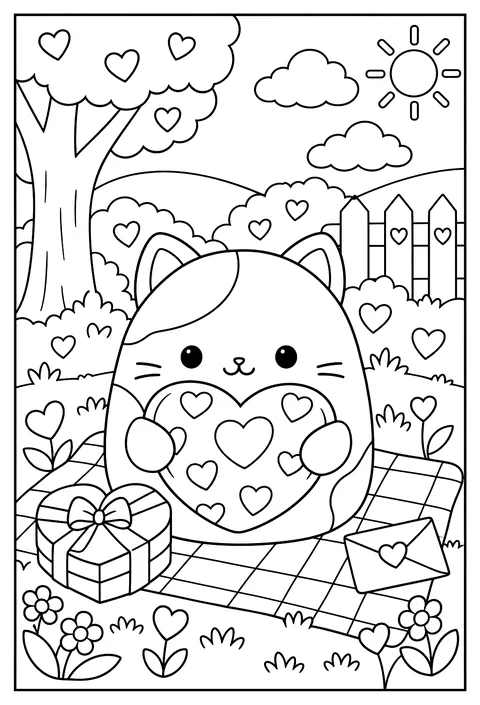 A Squishmallow holding a big heart pillow for Valentine's Day coloring page
