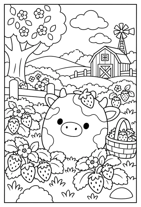 Pama the Strawberry Cow Squishmallow grazing in a strawberry field coloring page