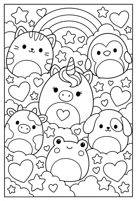 A pattern page of stars, hearts and round Squishmallow shapes coloring page
