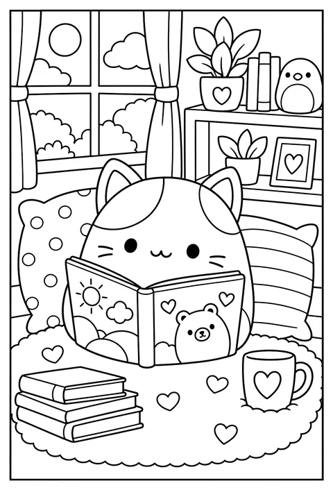 A Squishmallow propped against a pillow reading a picture book coloring page