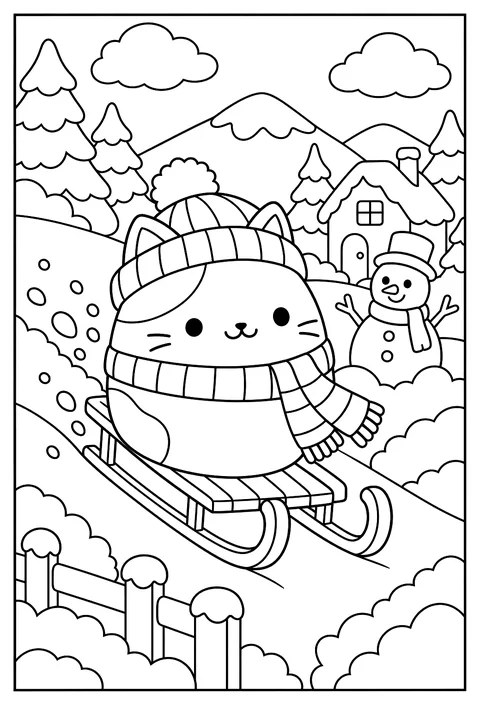 A Squishmallow riding a sled down a snowy hill coloring page