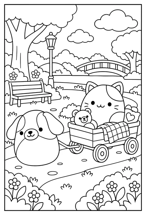 A Squishmallow riding in a red wagon pulled through a park coloring page
