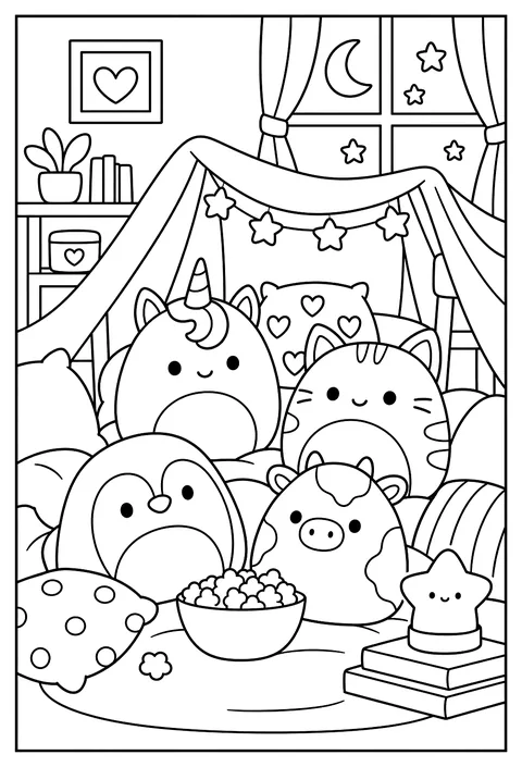 A Squishmallow sleepover with pillows, a blanket and a nightlight coloring page