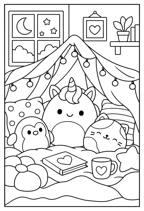 A Squishmallow snuggled inside a blanket fort strung with fairy lights coloring page