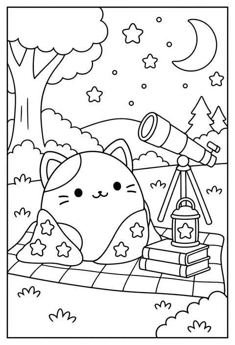 A Squishmallow stargazing on a blanket under the night sky coloring page