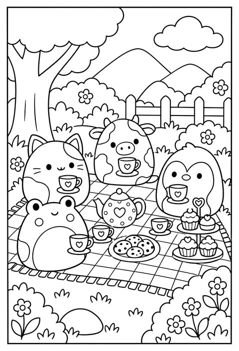 A Squishmallow tea party with tiny cups and a teapot on a picnic blanket coloring page