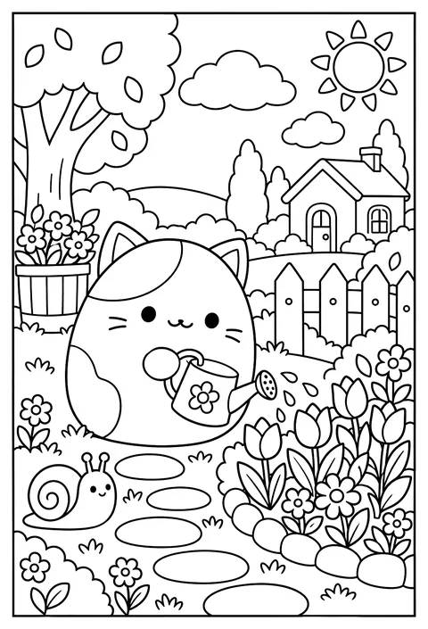 A Squishmallow watering flowers in a garden with a tiny watering can coloring page