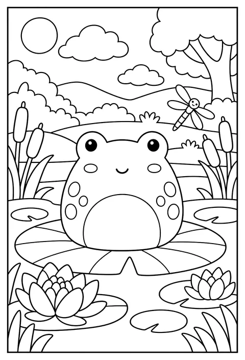 Wendy the Frog Squishmallow sitting on a big lily pad in a pond coloring page