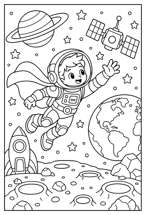A superhero astronaut catching a runaway satellite coloring page
