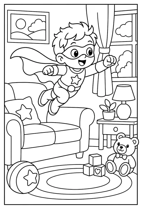 A baby superhero learning to fly off a couch coloring page