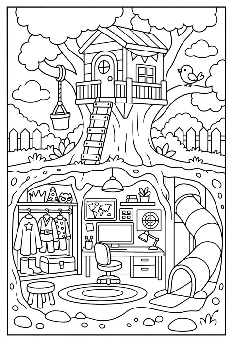 Cutaway of a secret hideout under a treehouse coloring page