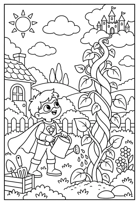 A superhero gardener growing a beanstalk to the clouds coloring page