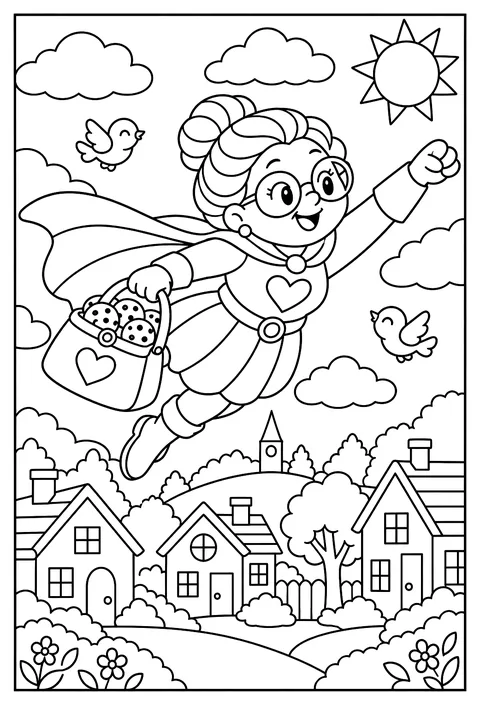 A superhero grandma flying with a purse of cookies coloring page