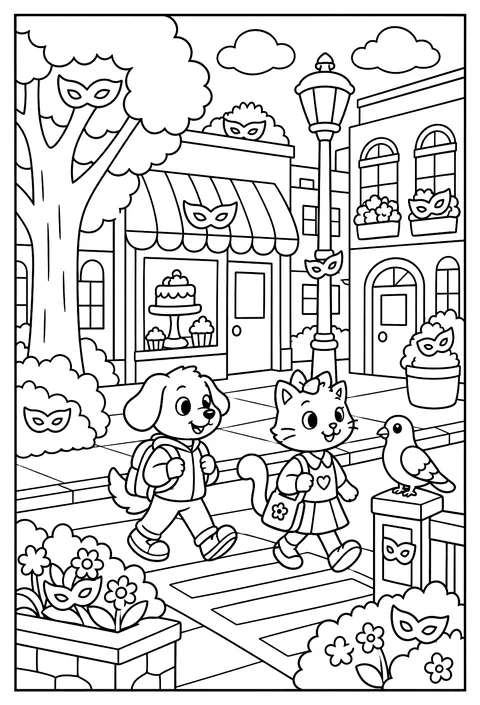 Hidden-object page: a city street with 10 hidden masks coloring page