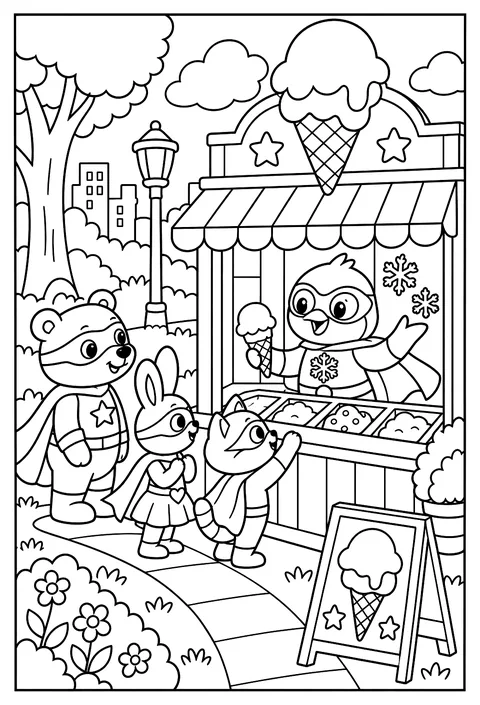 A superhero ice-cream shop with freeze powers coloring page