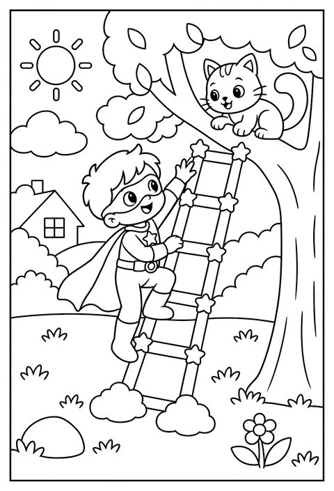 A superhero kid rescuing a cat from a tree with a ladder made of light coloring page