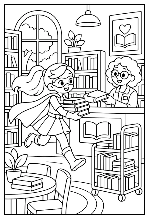 A superhero librarian returning overdue books at super speed coloring page