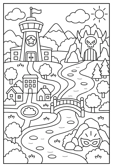 A map of Hero City with a hero tower, a villain lair, a rescue river and a hidden mask coloring page