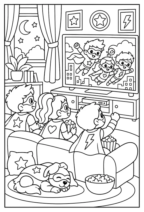 A superhero movie night with the heroes watching themselves coloring page