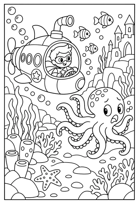 A superhero submarine chasing a runaway octopus coloring page