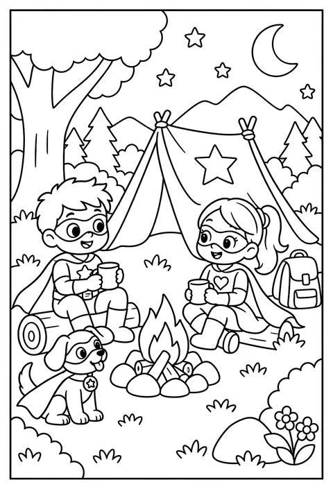 Superheroes camping with a cape as a tent coloring page
