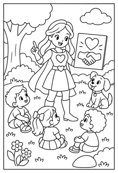 A superhero teacher with a lesson on being kind coloring page