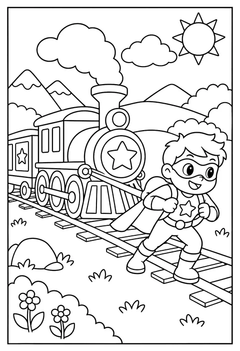 A superhero train being pulled by a strong hero coloring page