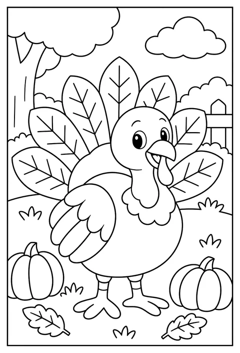 Close-up of a turkey with tail feathers drawn as a pattern of leaves coloring page
