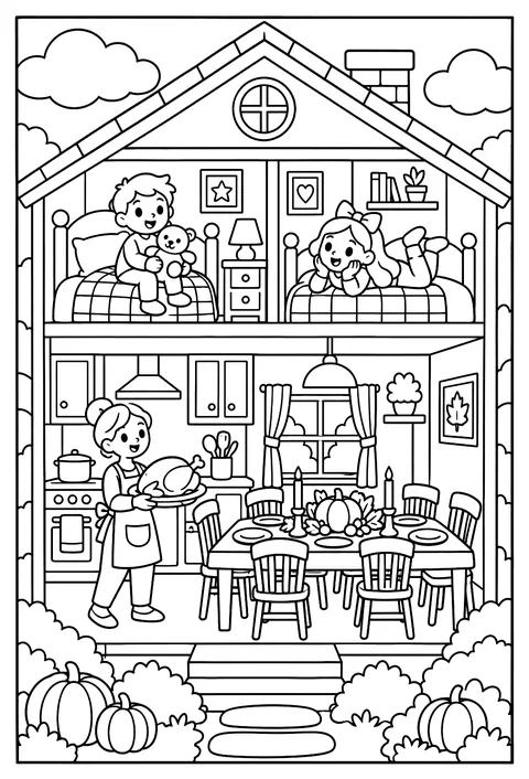 Cutaway of a cozy house on Thanksgiving coloring page