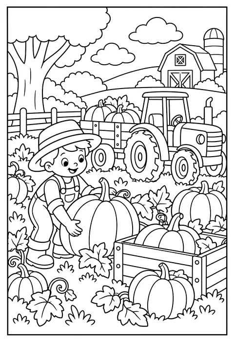 A gardener harvesting giant pumpkins with a tractor coloring page