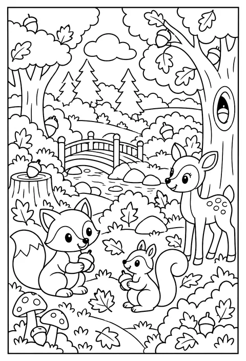 Hidden-object page: a fall forest with 12 hidden acorns coloring page