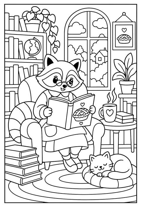 A librarian raccoon reading a book about pies coloring page